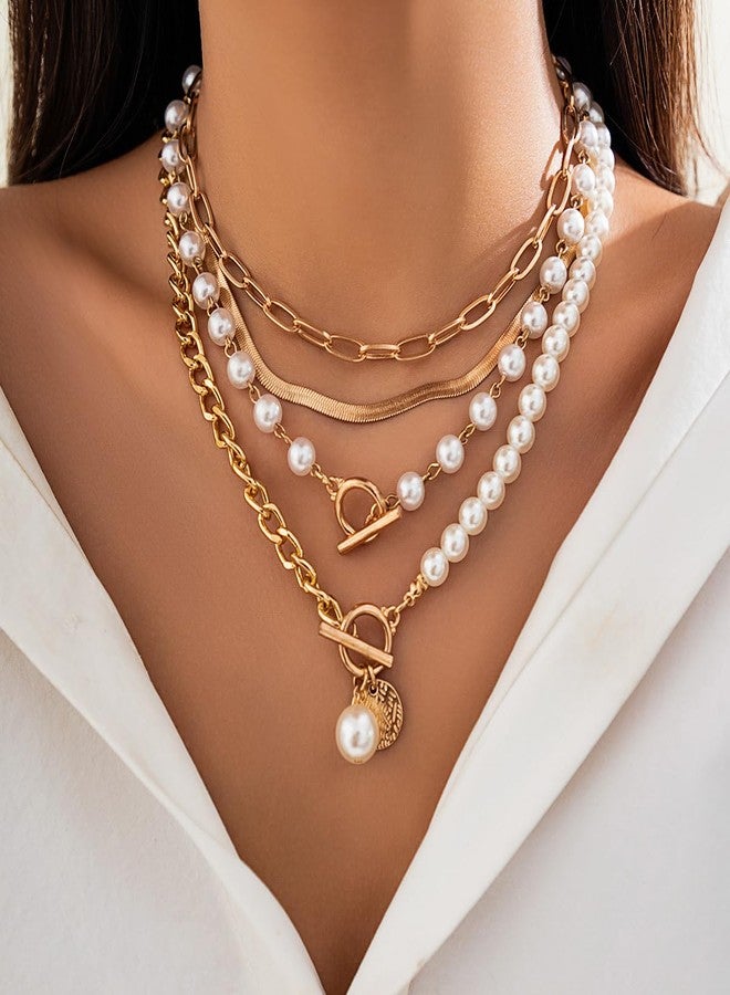 TACBSP Gold Layered Pearl Necklaces for Women Chunky Beaded Pearl Coin Choker Necklace Adjustable Layered Paperclip Chain Snake Chain Coin Pendant Necklaces Jewelry Accessories Gifts for Women - Image 3